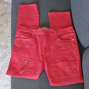 Red Biker Style Pants with Gold Accents